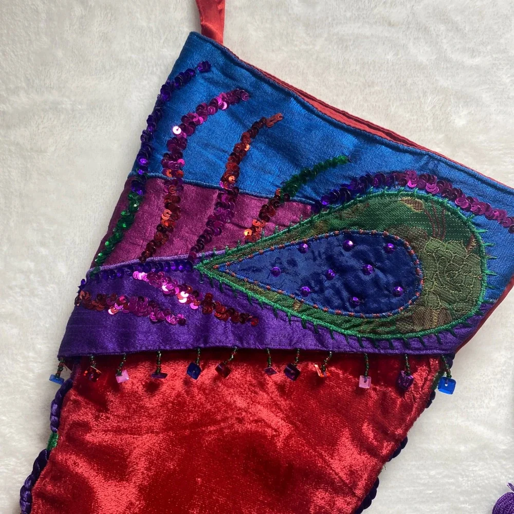 Set of 3 Unique Christmas Stockings Red Gold Purple Holiday Decor Holiday Mantle